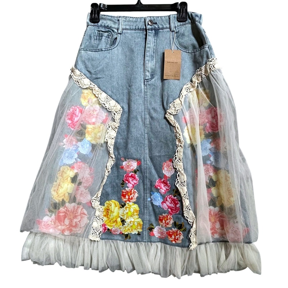 SooLinen Floral Denim Midi Skirt S/M Tulle Overlay Crochet Lace Blue Boho